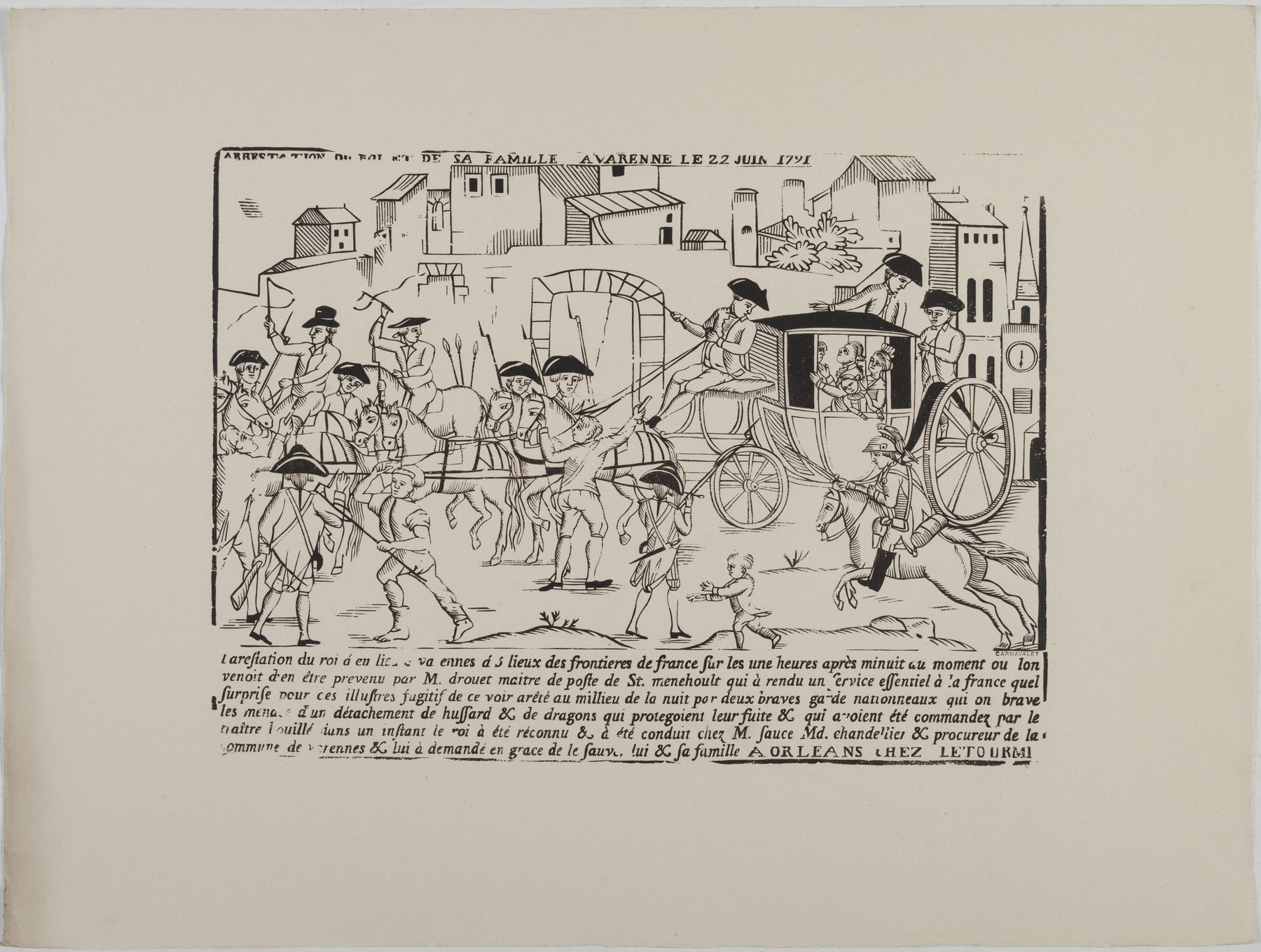 ヴァレンヌで拘束されたルイ16世一家を描いた版画